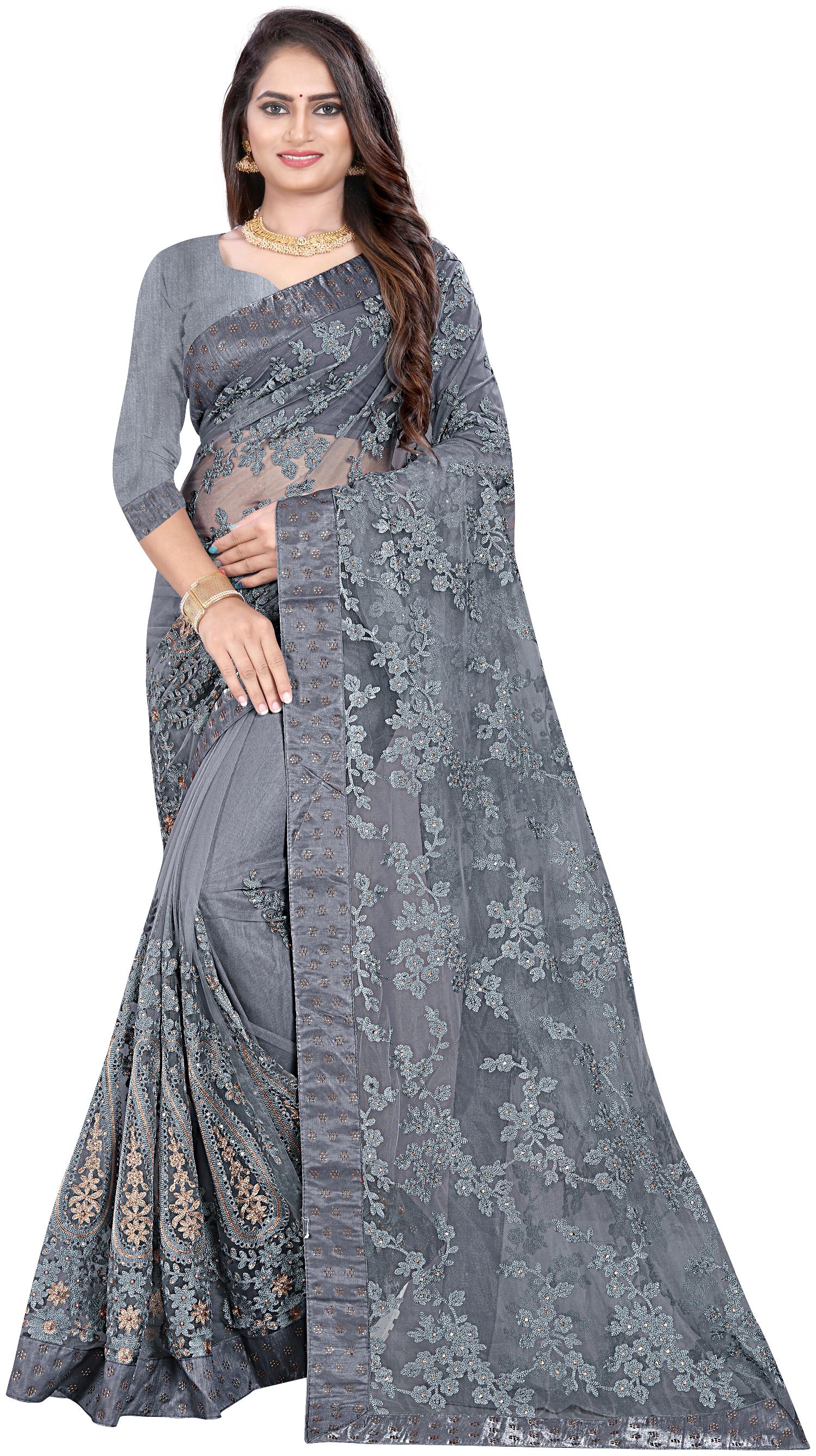 

Nine Sister Grey Embroidered Universal Designer Saree With Blouse With blouse