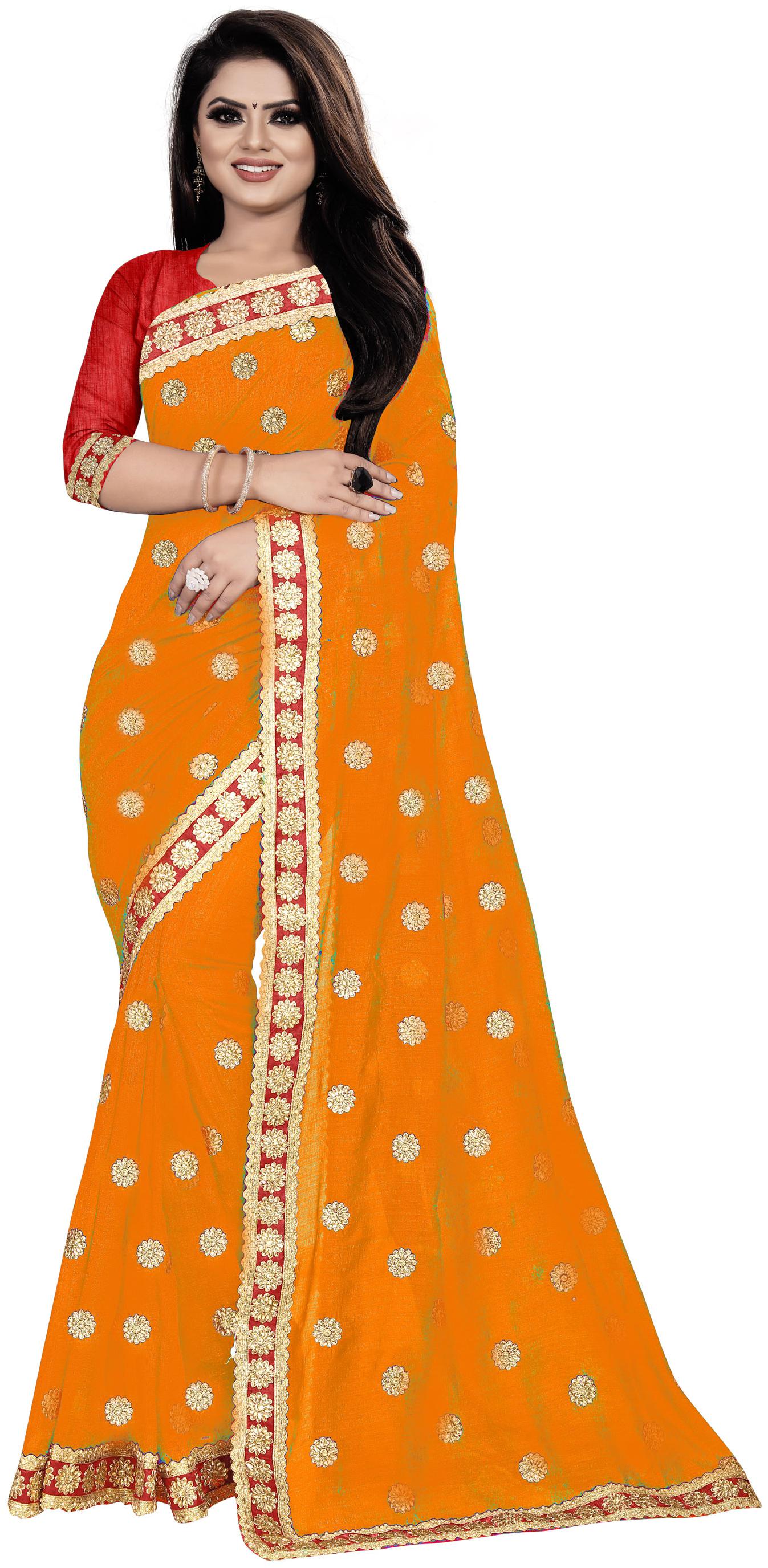 

Nine Sister Orange Embroidered Universal Designer Saree With Blouse With blouse