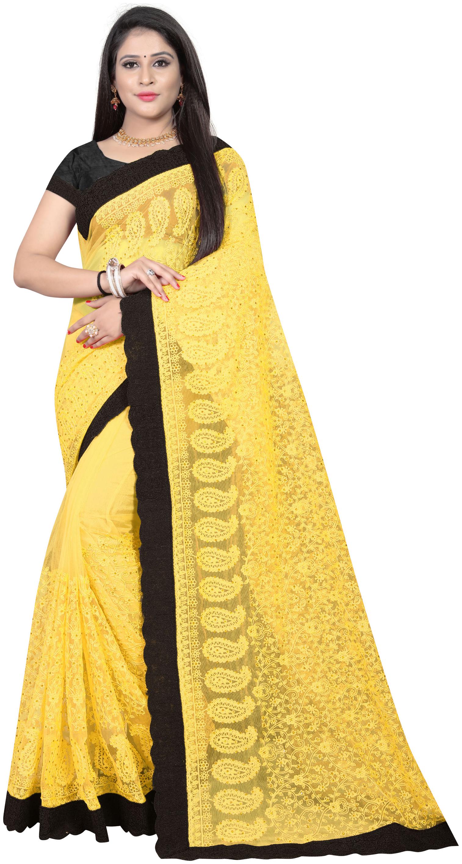 

Nine Sister Yellow Embroidered Universal Designer Saree With blouse