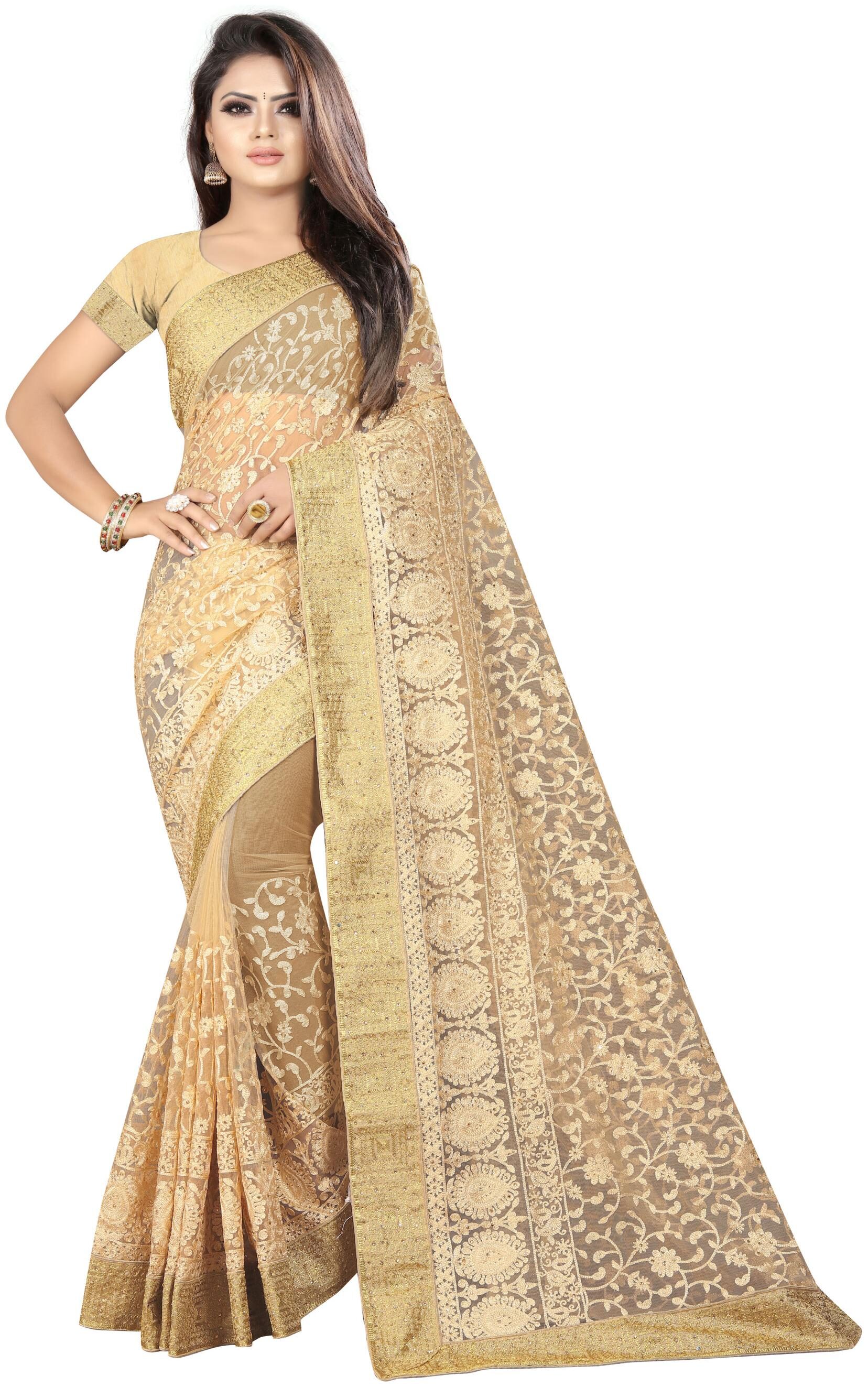 

Nine Sister Beige Embroidered Universal Designer Saree With Blouse With blouse