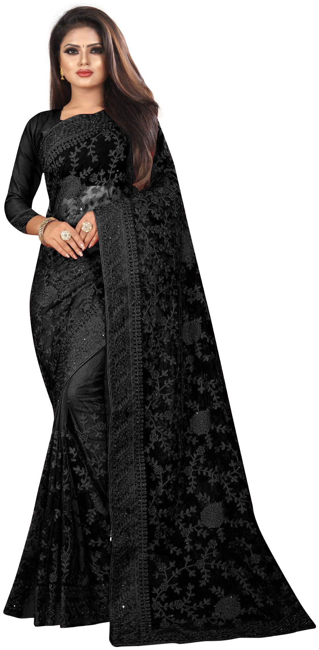 

Nine Sister Black Embroidered Universal Designer Saree With Blouse With blouse