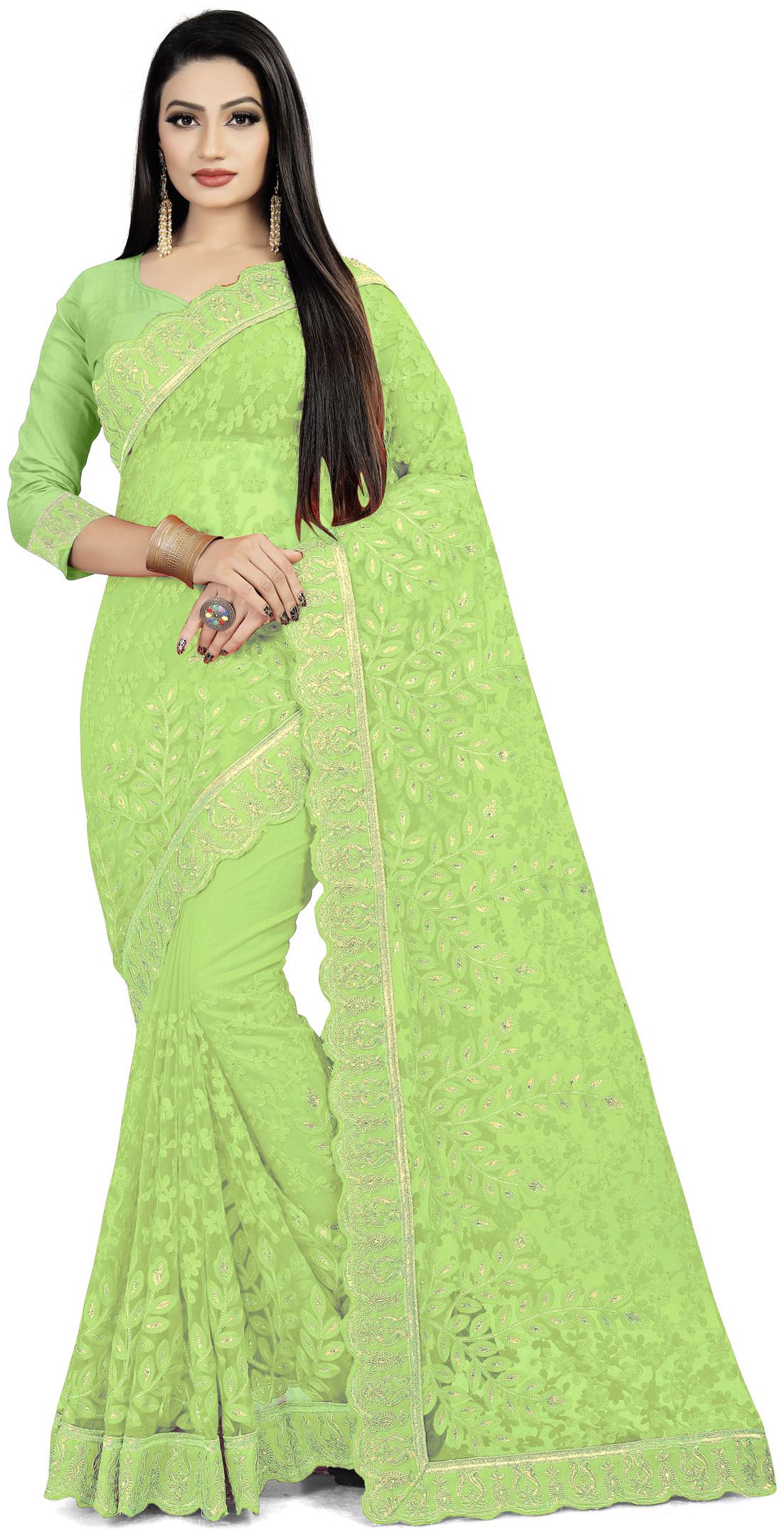 

Nine Sister Green Embroidered Universal Designer Saree With Blouse With blouse