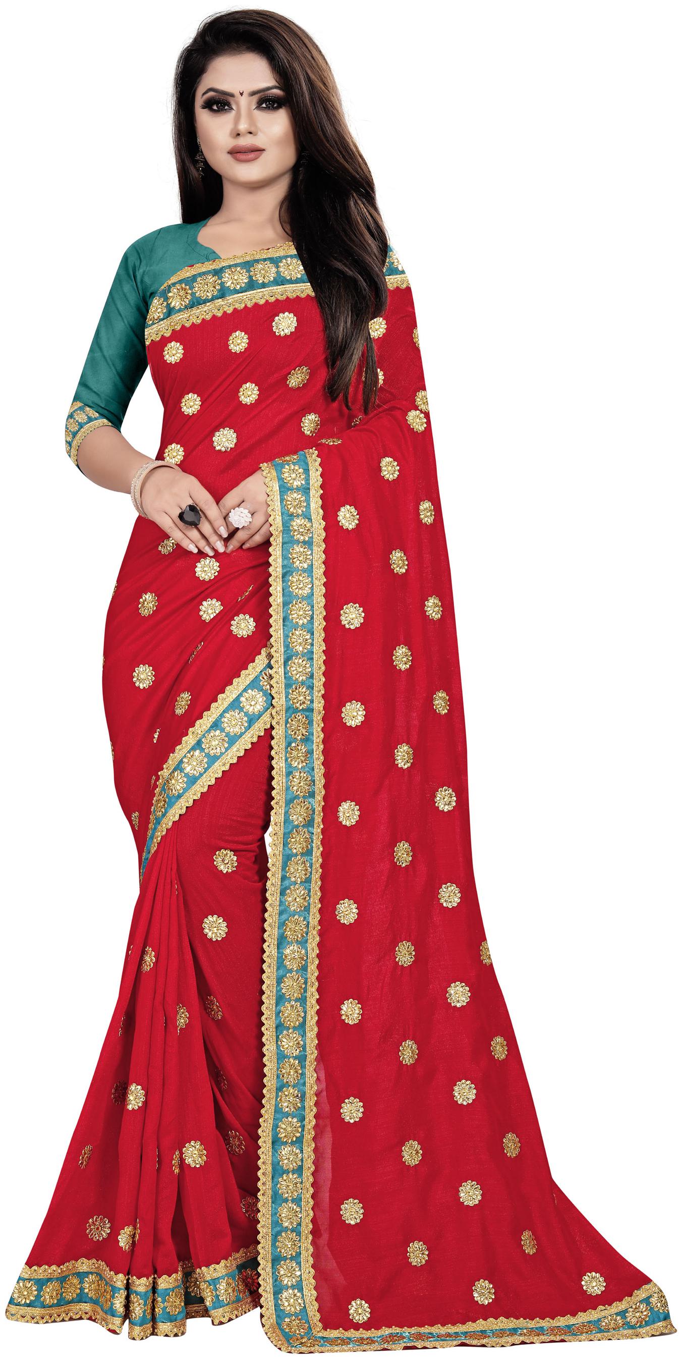

Nine Sister Red Embroidered Universal Designer Saree With blouse