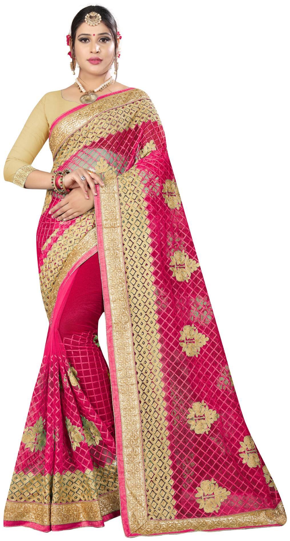 

Nine Sister Pink Embroidered Universal Designer Saree With Blouse With blouse