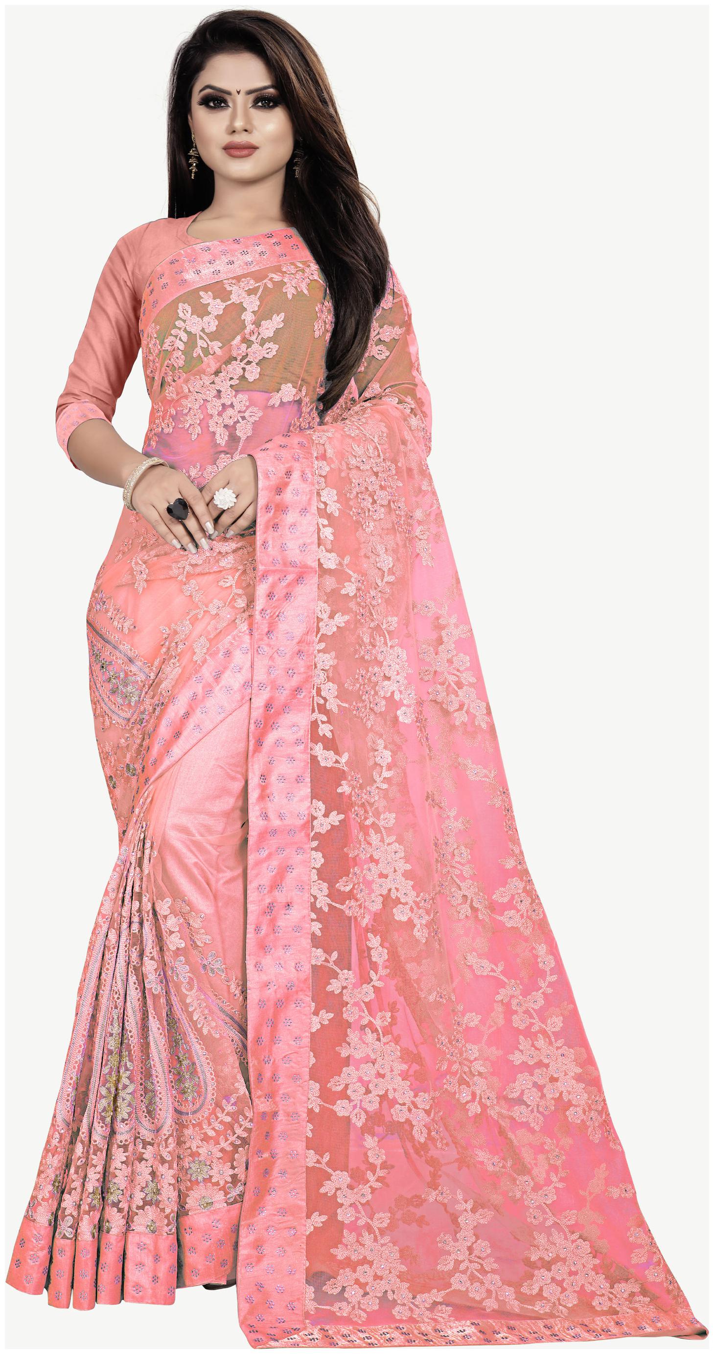 

Nine Sister Pink Embroidered Universal Designer Saree With Blouse With blouse