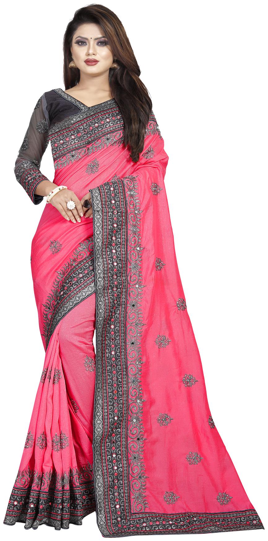 

Nine Sister Pink Embroidered Universal Designer Saree With Blouse With blouse