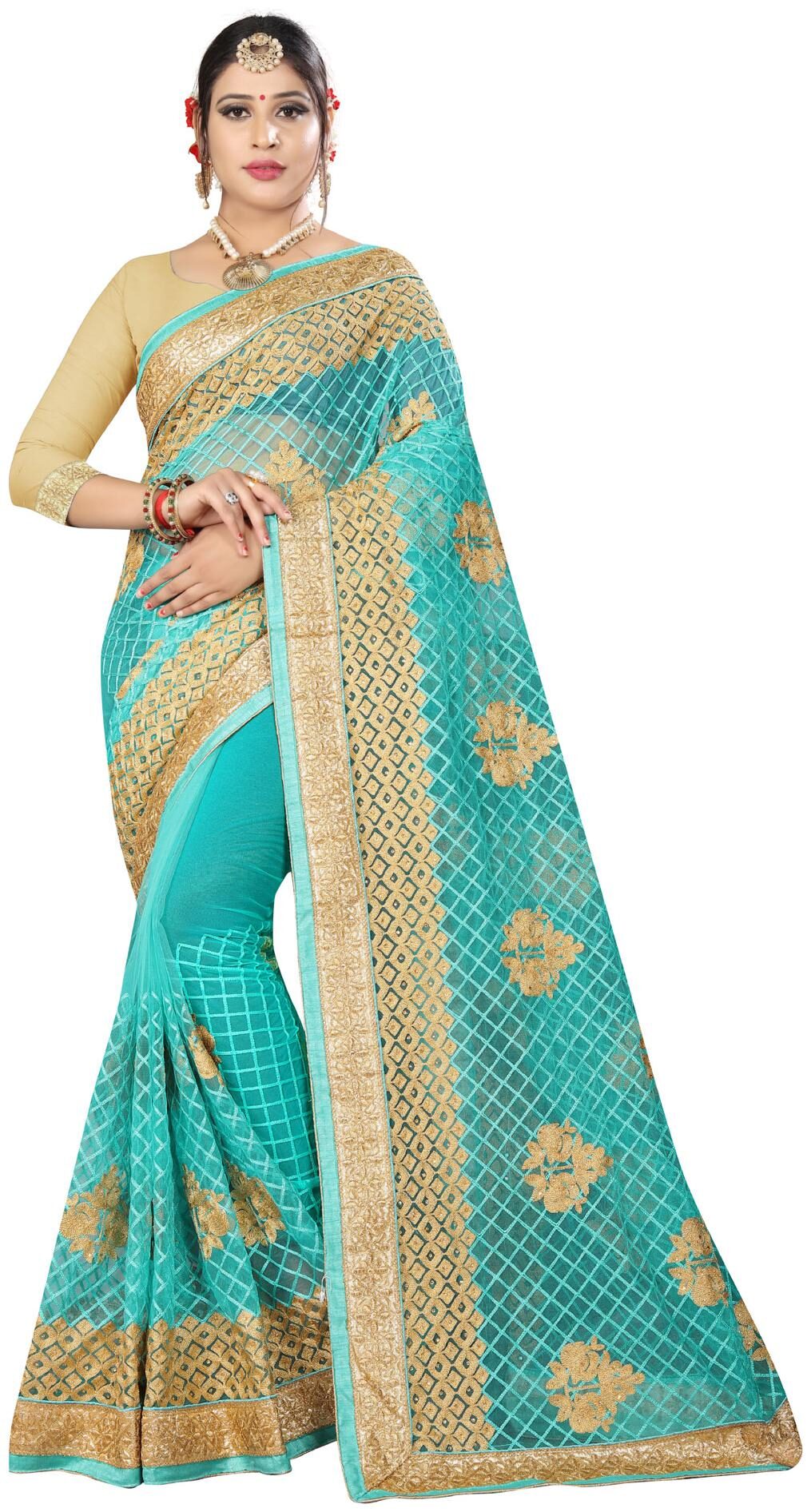 

Nine Sister Green Embroidered Universal Designer Saree With Blouse With blouse