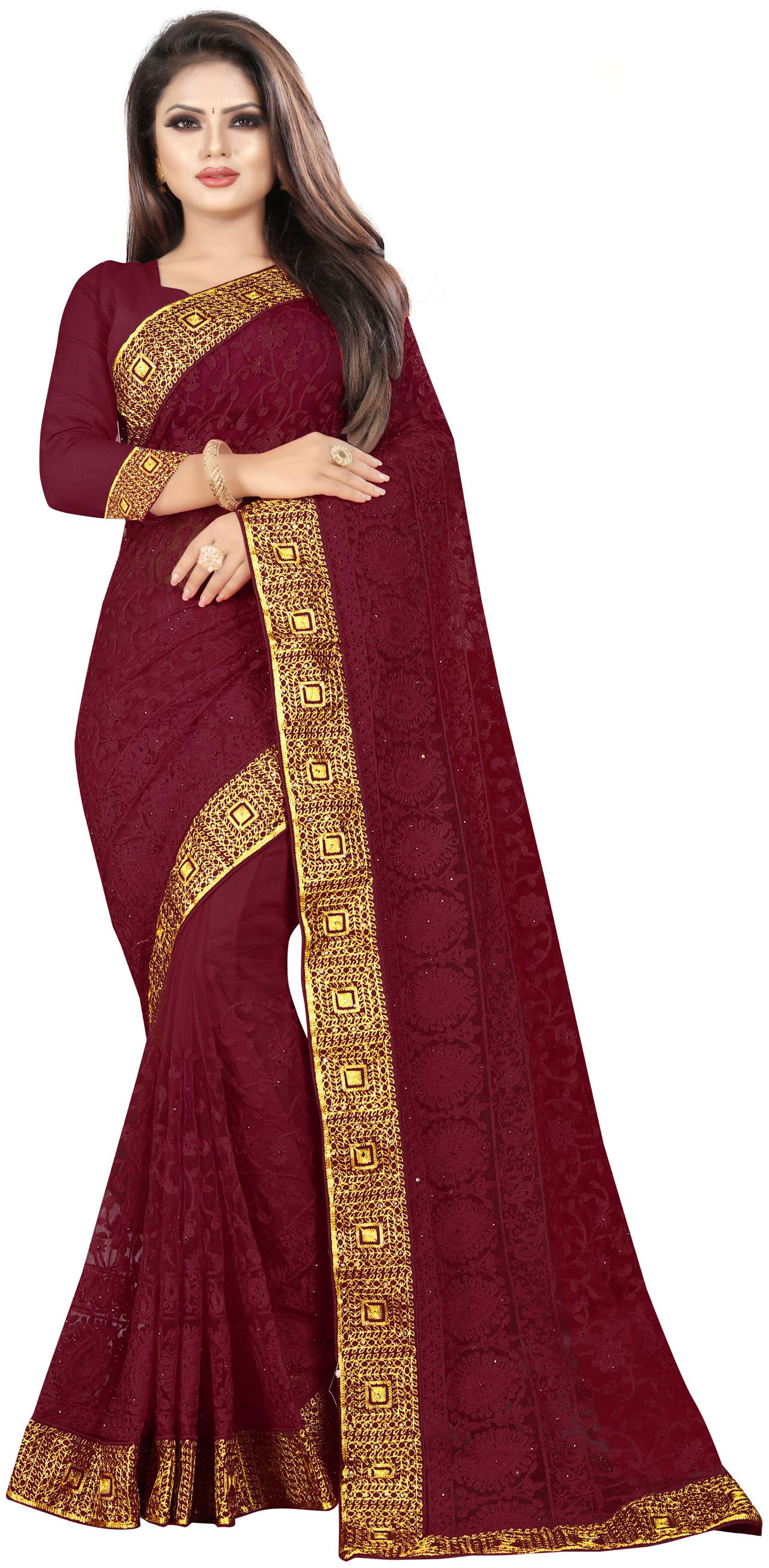 

Nine Sister Brown Embroidered Universal Designer Saree With blouse