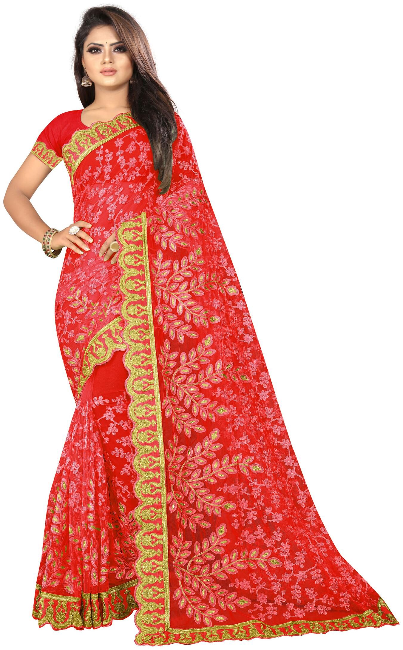 

Nine Sister Women Net Saree Red