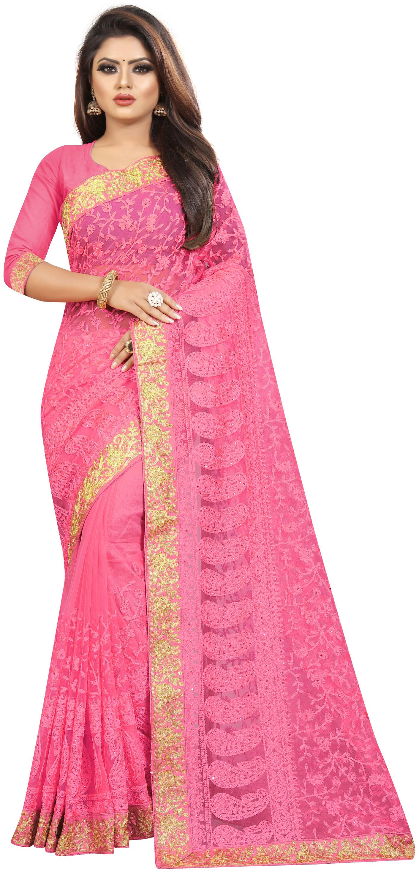 

Nine Sister Pink Embroidered Universal Designer Saree With Blouse With blouse