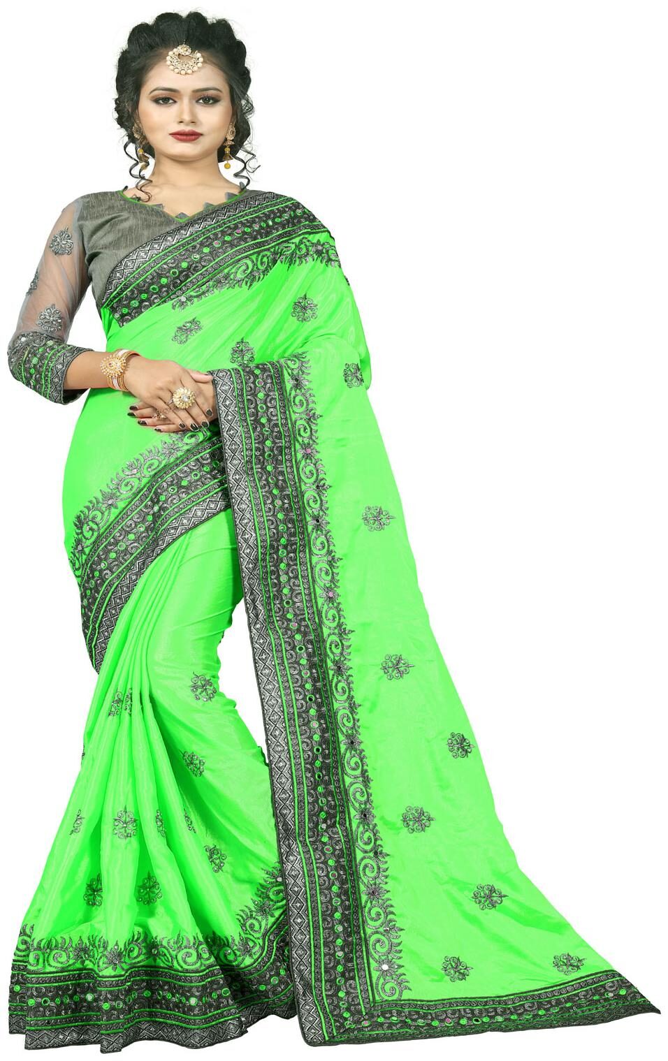 

Nine Sister Green Embroidered Universal Designer Saree With Blouse With blouse