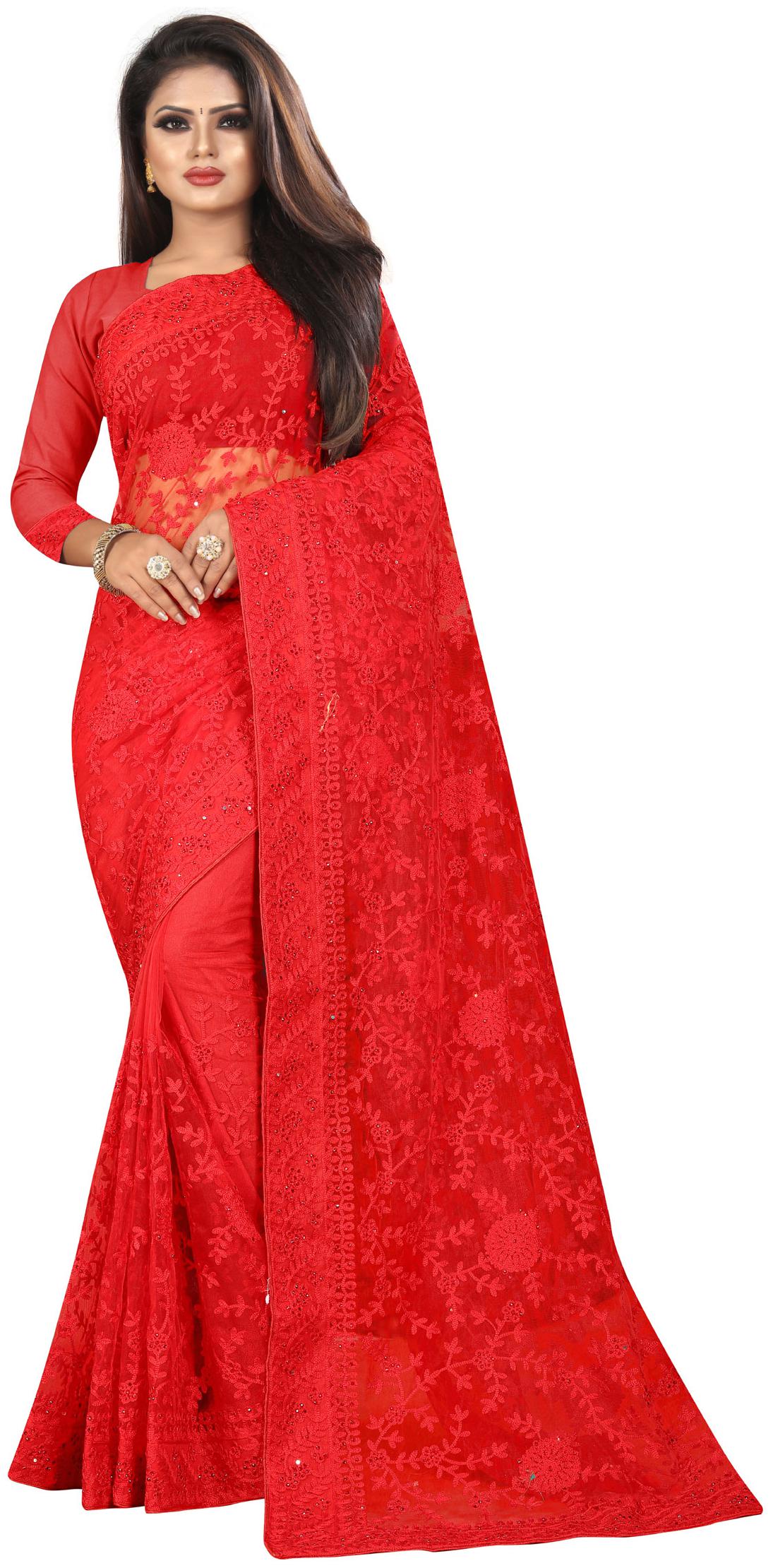 

Nine Sister Red Embroidered Universal Designer Saree With Blouse With blouse