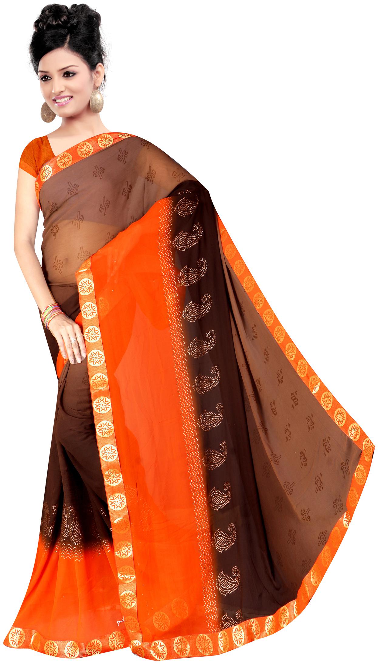 

Nine Sister Women Georgette Saree Orange Brown