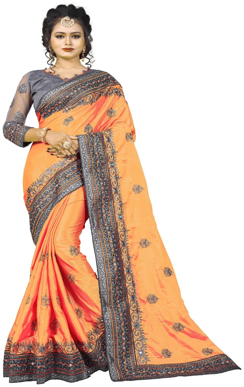 

Nine Sister Orange Embroidered Universal Designer Saree With Blouse With blouse