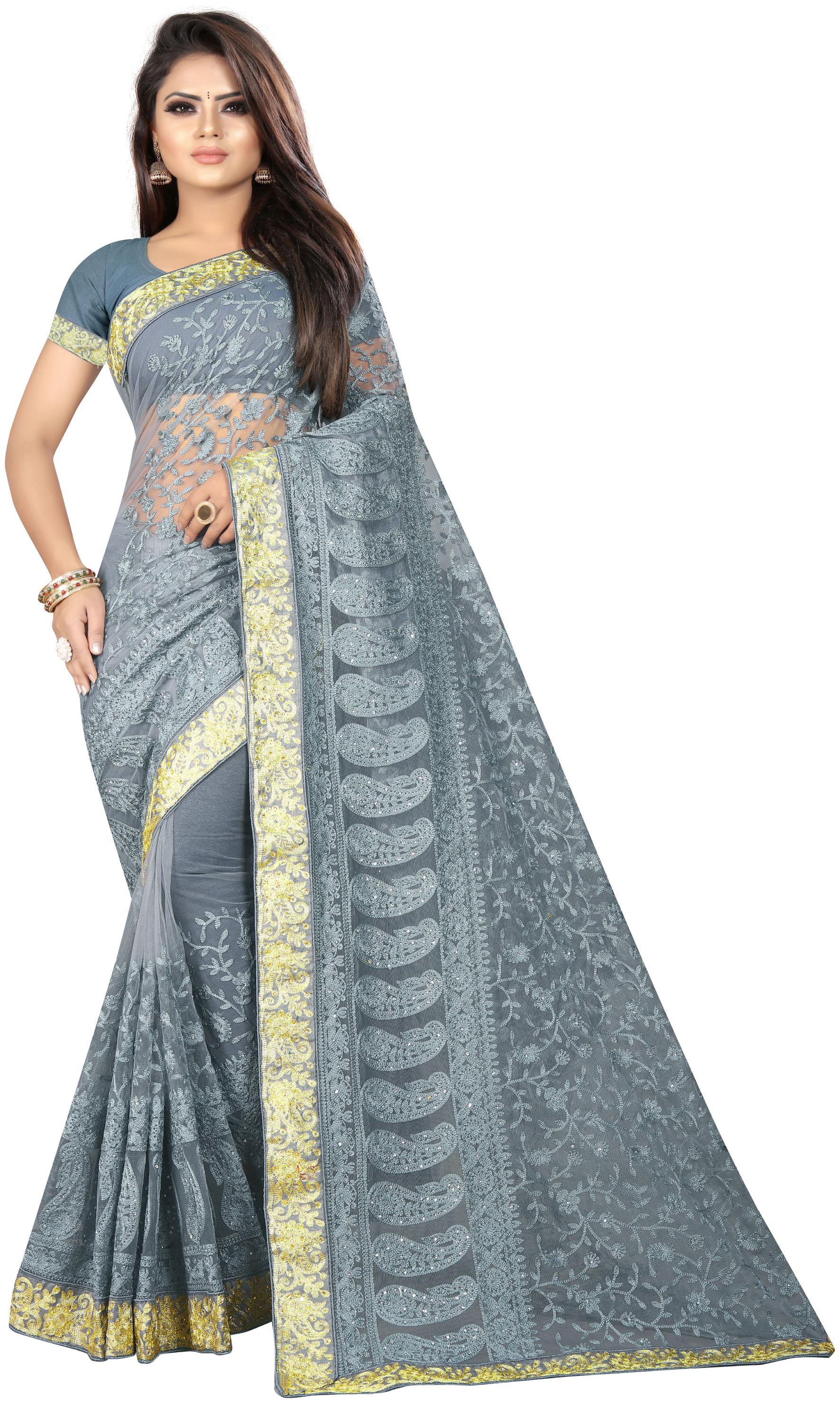 

Nine Sister Grey Embroidered Universal Designer Saree With Blouse With blouse