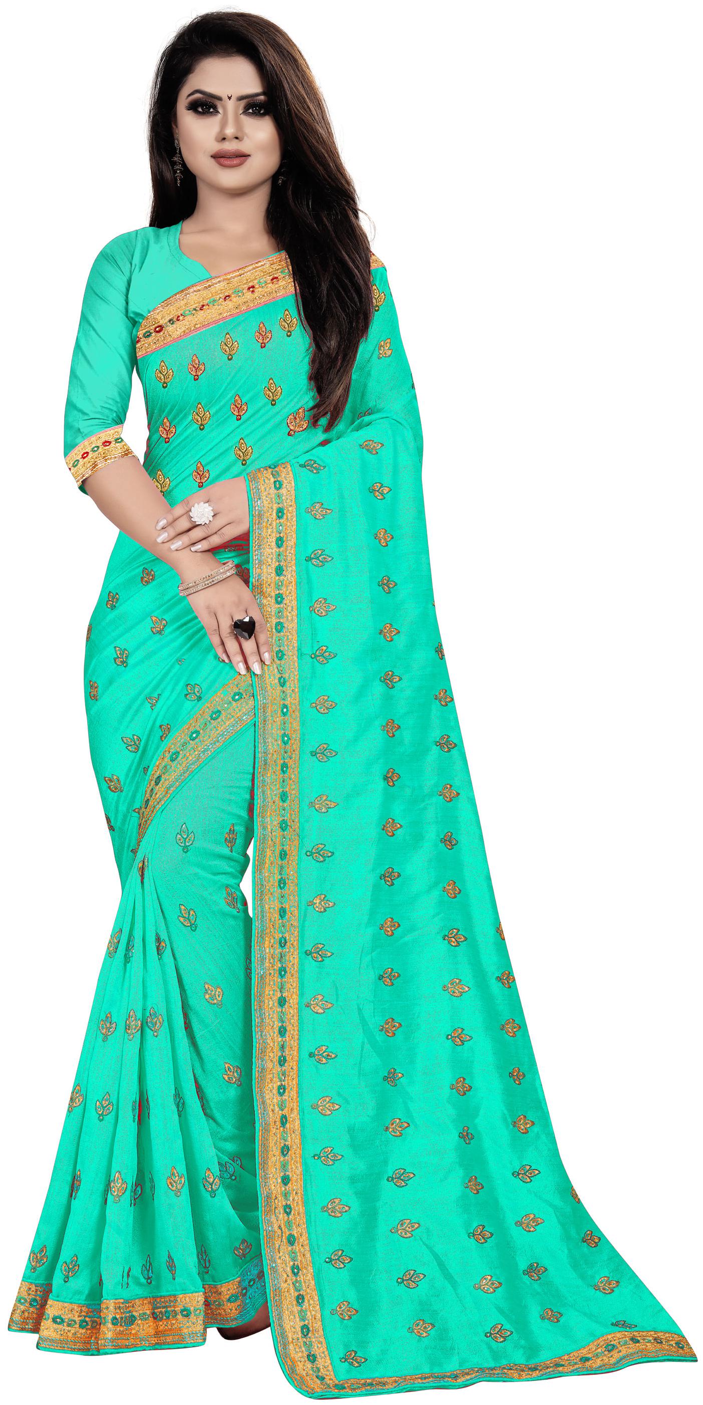 

Nine Sister Green Embroidered Universal Designer Saree With Blouse With blouse