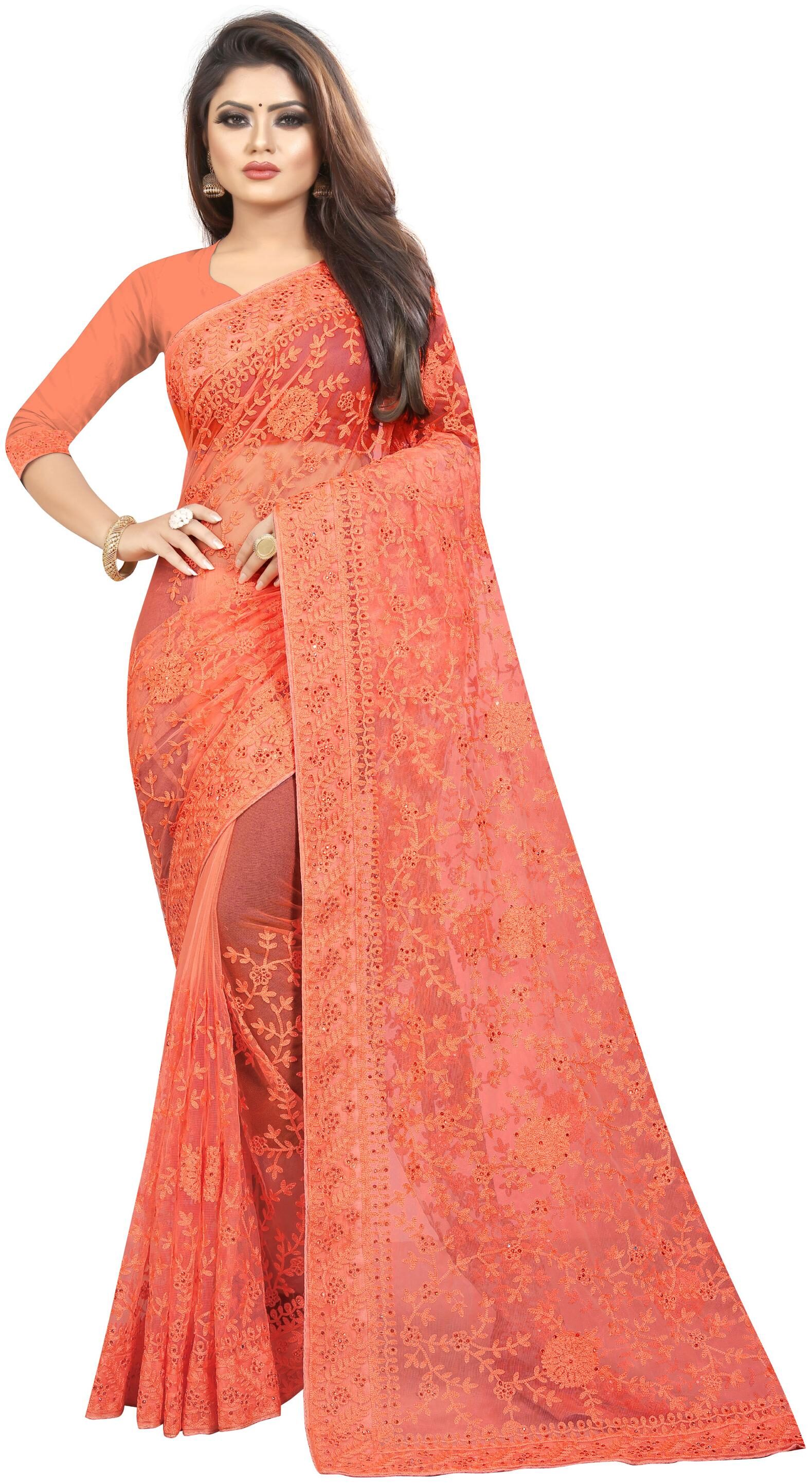 

Nine Sister Orange Embroidered Universal Designer Saree With Blouse With blouse