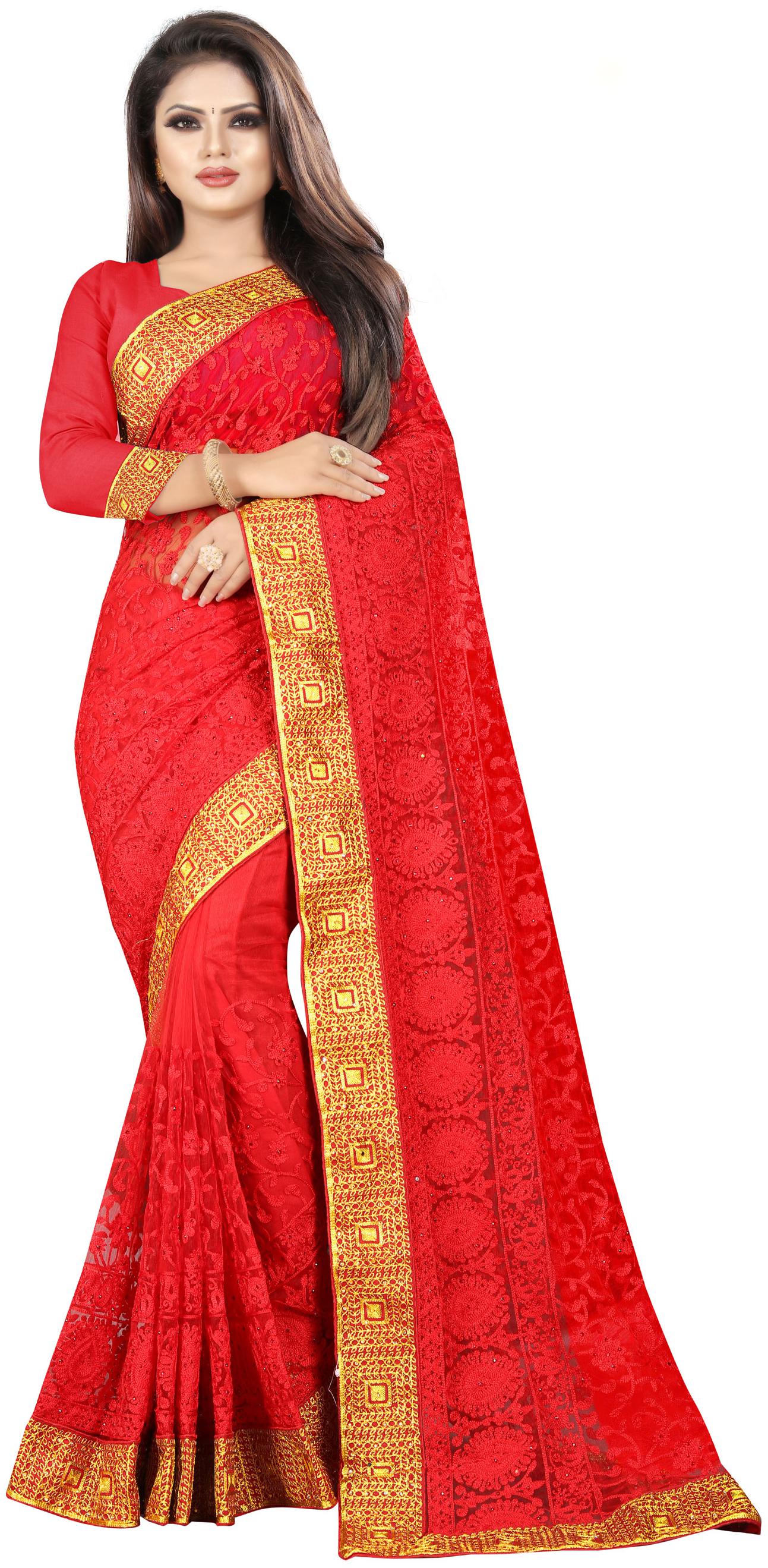 

Nine Sister Red Embroidered Universal Designer Saree With blouse