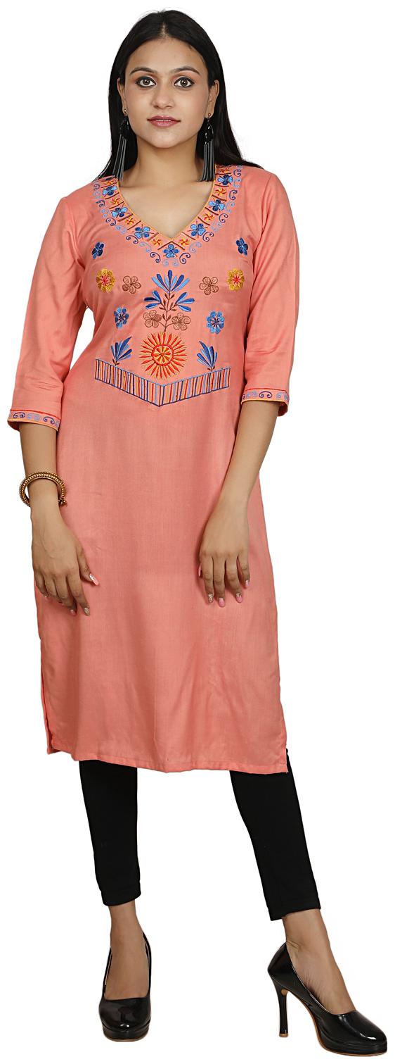 

Niomi A-Line Viscose Peach Embroidery Kurti