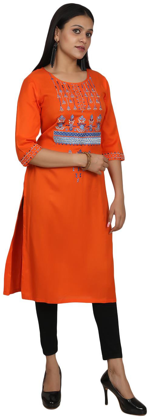 

Niomi A-Line Viscose Orange Embroidery Kurti