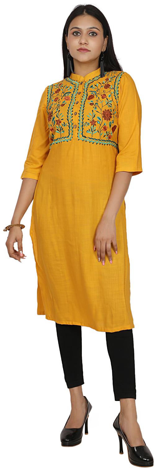

Niomi A-Line Viscose Yellow Embroidery Kurti