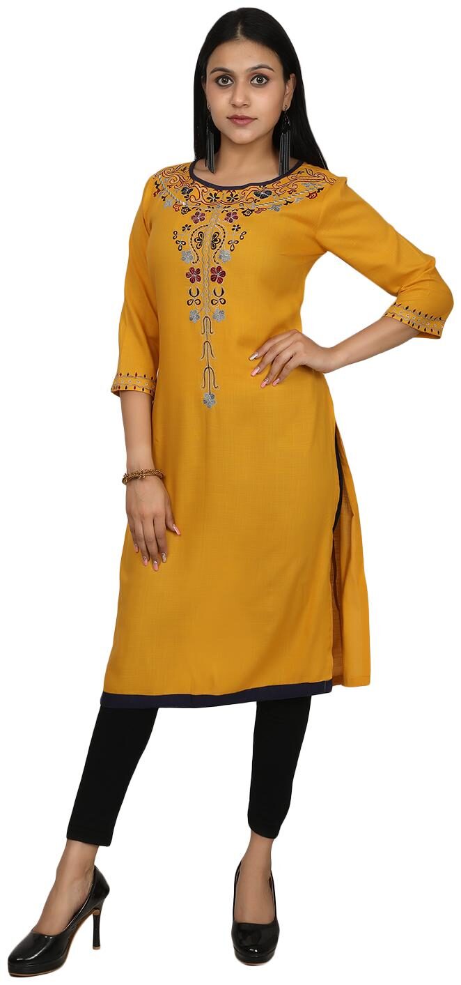 

Niomi A-Line Viscose Yellow Embroidery Kurti