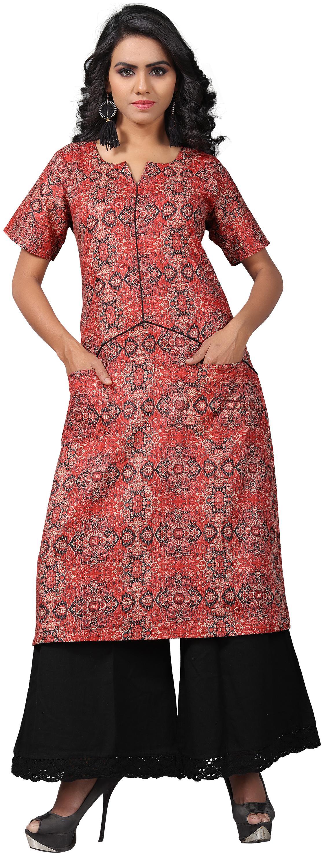 

NIRVAIR Cotton Printed Kurta With Black Detailing For Women