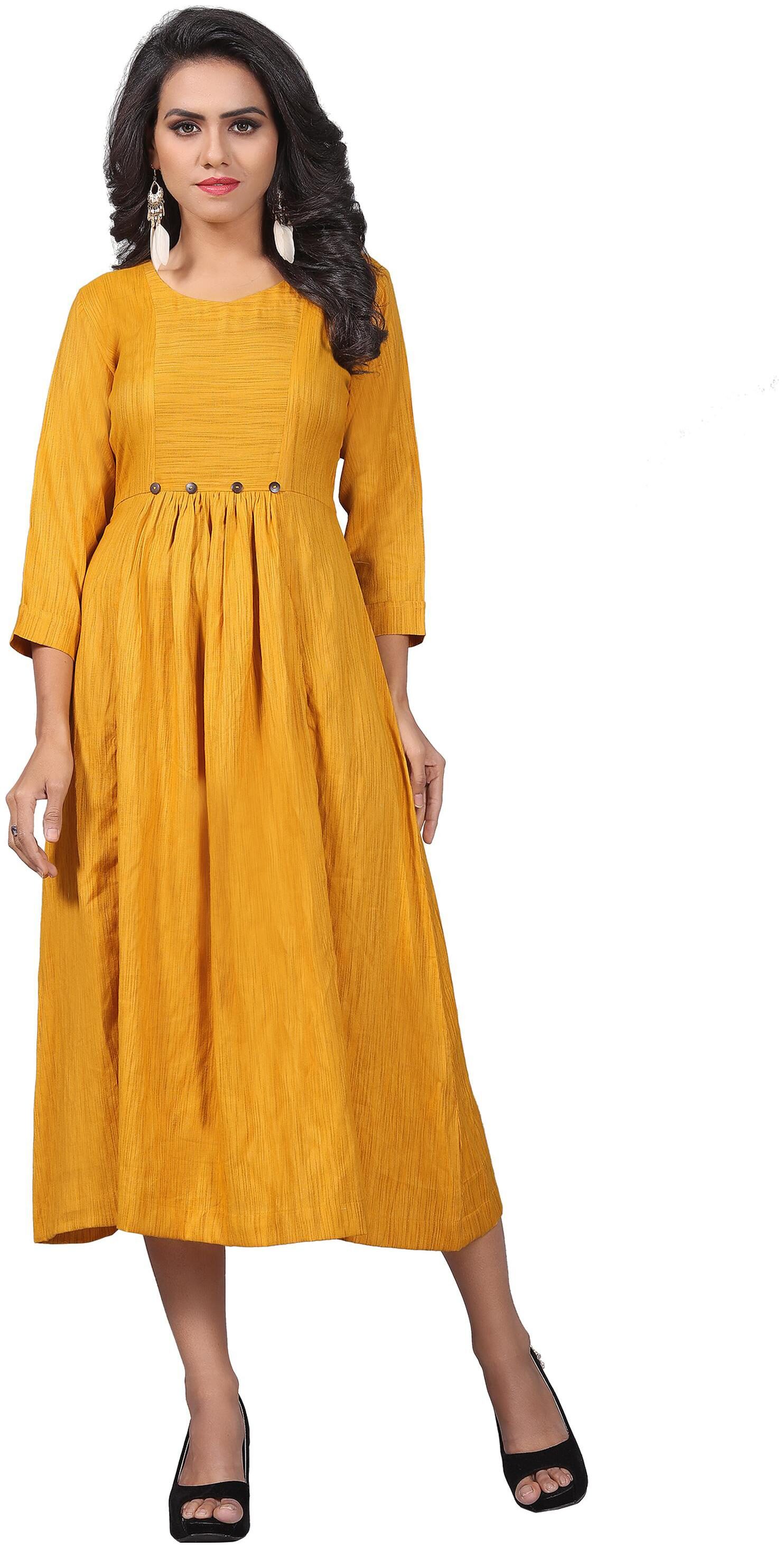 

NIRVAIR Rayon Yellow Colored A line Kurta With Gathers and Four Buttons