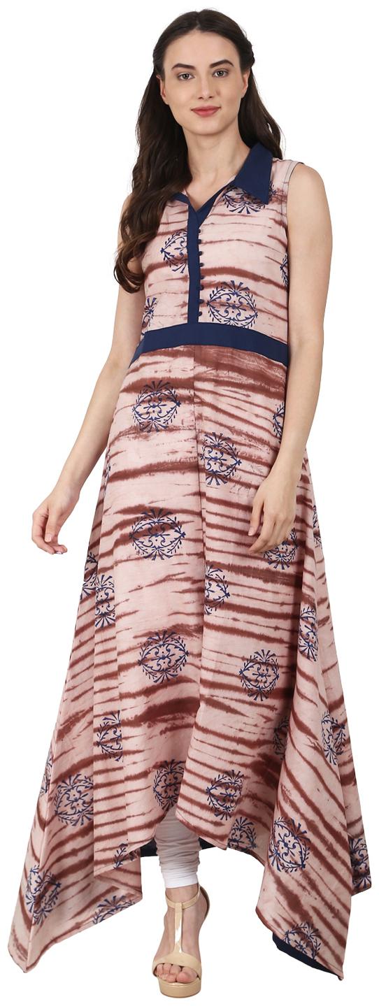 

Nayo Nude Printed Sleevless Assymetric Cotton A-Line Kurta