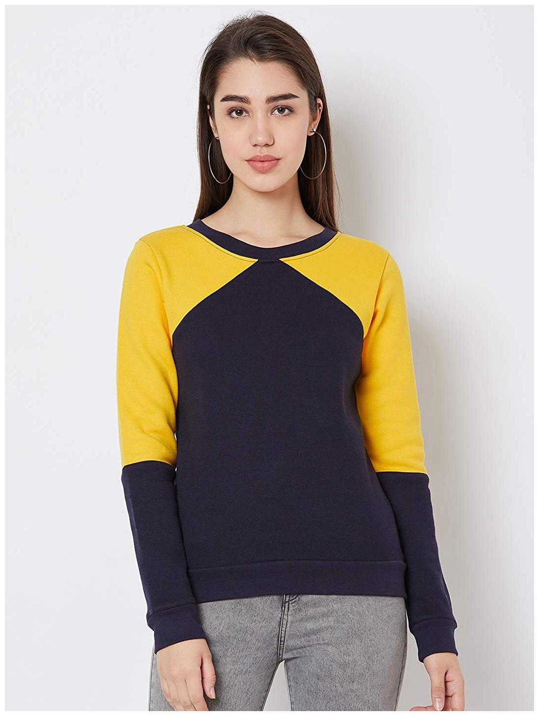 

NUN Fleece Color-Blocked Navy Blue Yellow Color Sweatshirt for Women