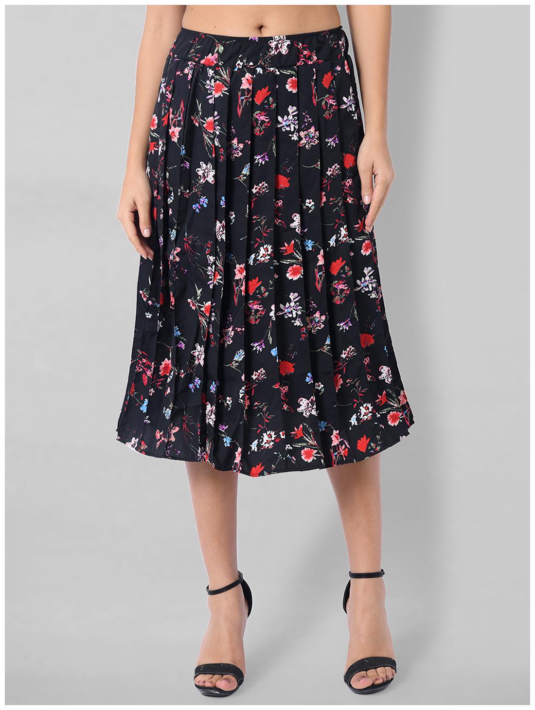

O Madam Crepe Floral Black Pleated Skirt For Women