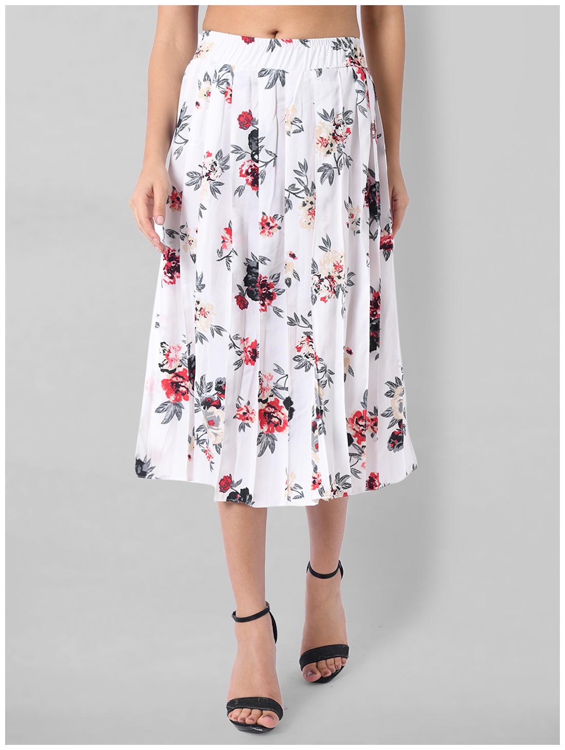 

O Madam Crepe Floral White Pleated Skirt For Women