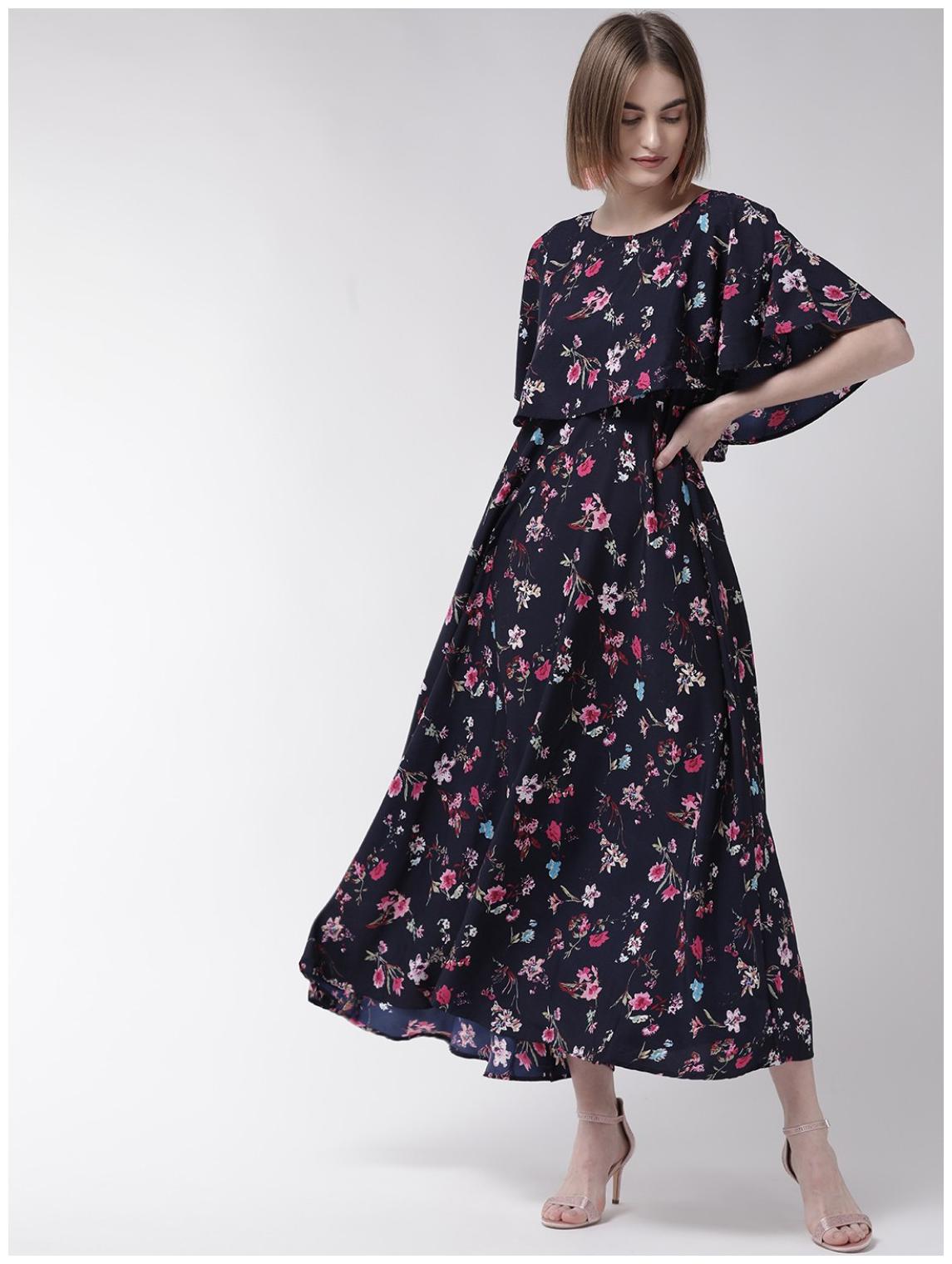 

O Madam Crepe Floral Navy Blue Color Dress for Women