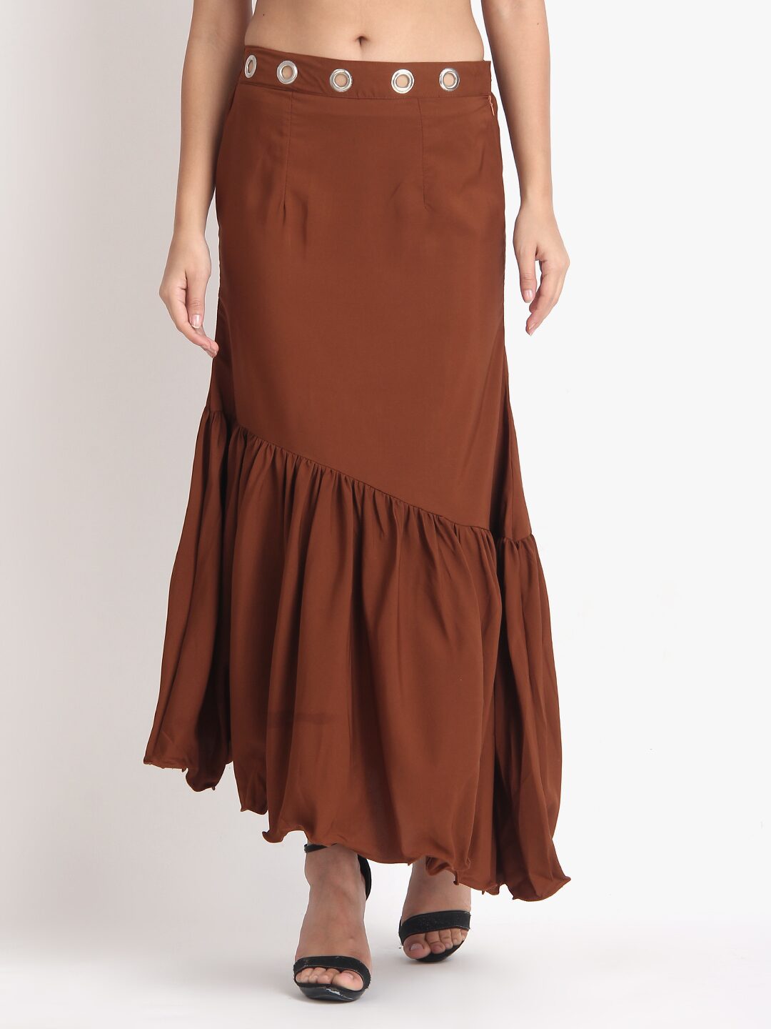 

O Madam Solid Flared skirt Maxi Skirt - Brown