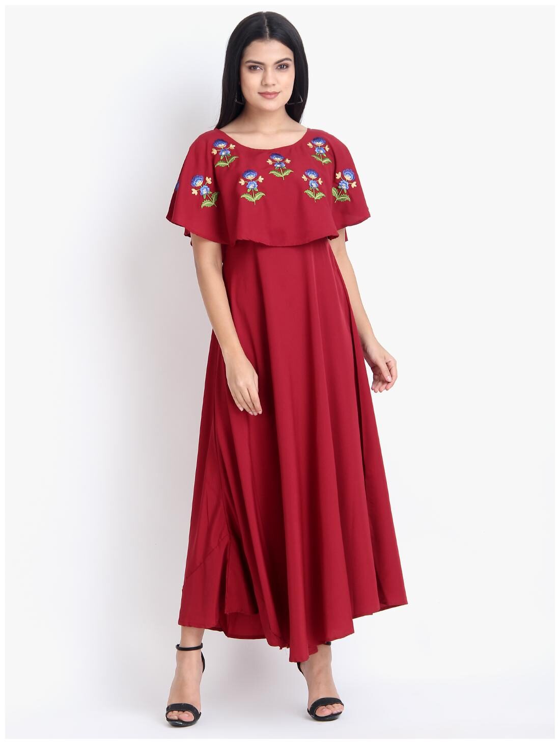 

O Madam Red Embroidered Maxi dress