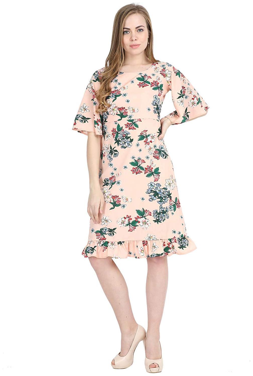 

O Madam Women Peach Bell Sleeve A Line Dress