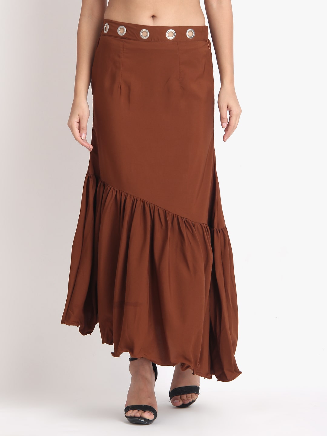 

O Madam Solid Flared skirt Maxi Skirt - Brown