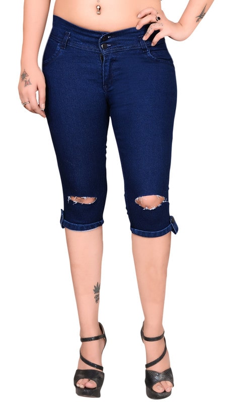 

O MINE Women Blue High Waist Knee Slit Denim Capri