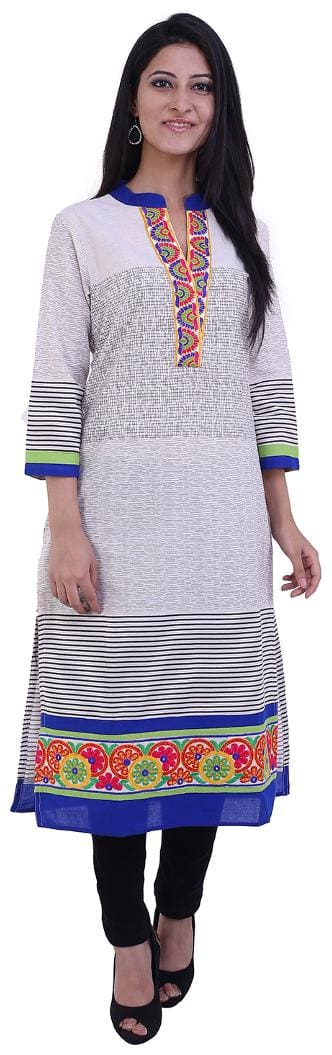 Off White & Blue Embroidered Flex Kurta