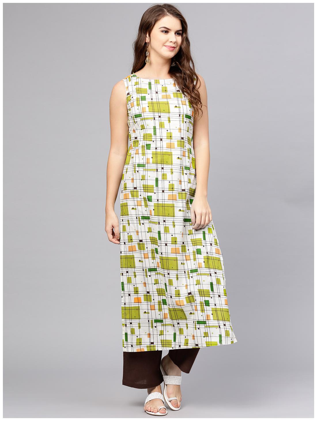 

Off white green printed sleeveless cotton kurta with coffee ankle length pallazo