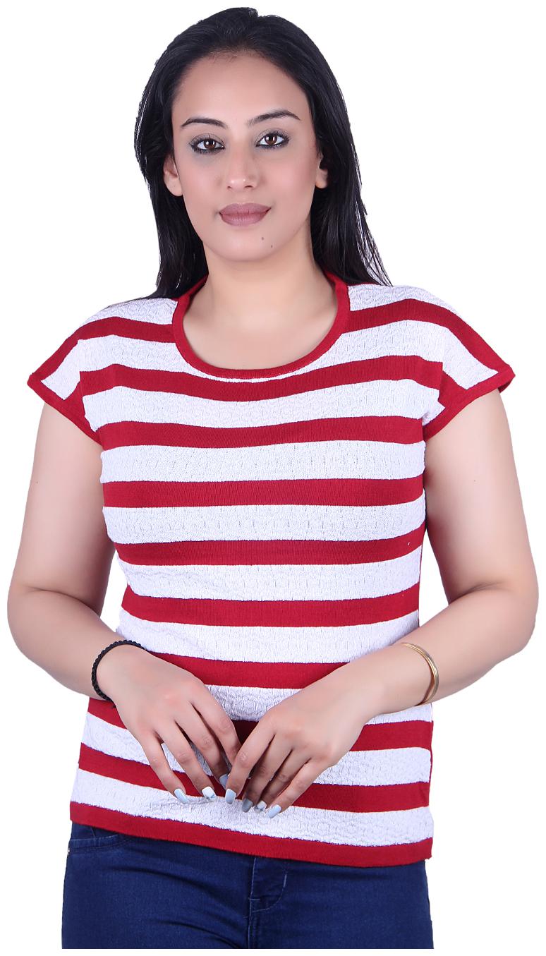 

Ogarti Women Maroon White Regular fit Round neck Cotton T shirt