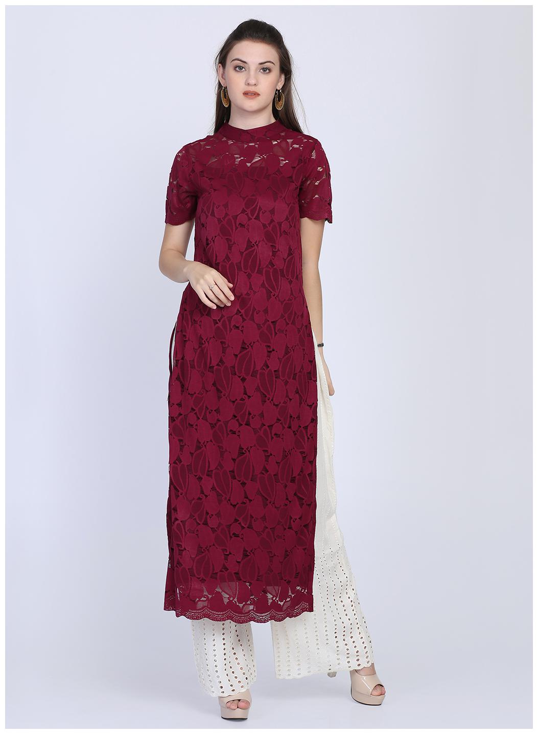 

Ojjasvi Women Wine Printed Straight Kurta