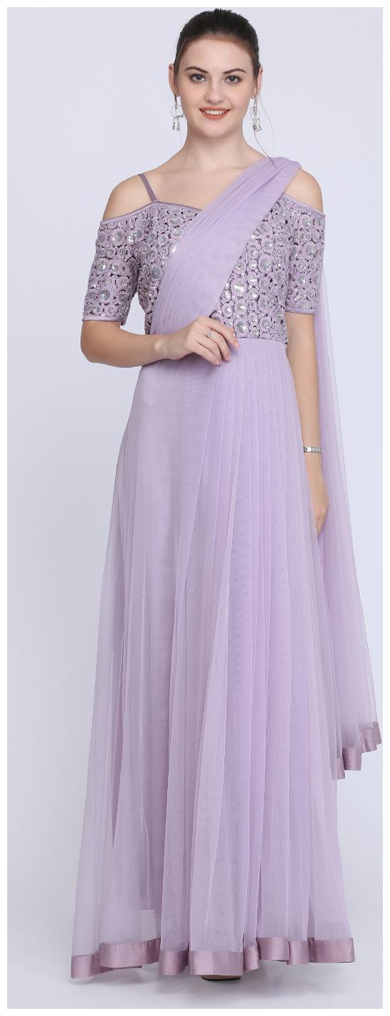 

Ojjasvi Lilac Embroidered Net Draped Saree Gown