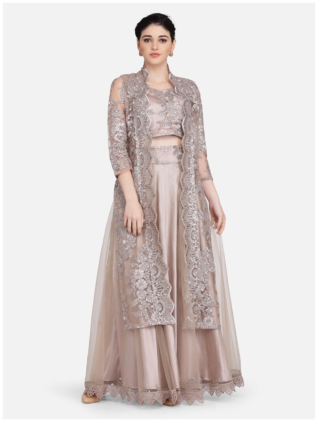 

Ojjasvi Net Grey Embroidered Ethinic Jacket For Women
