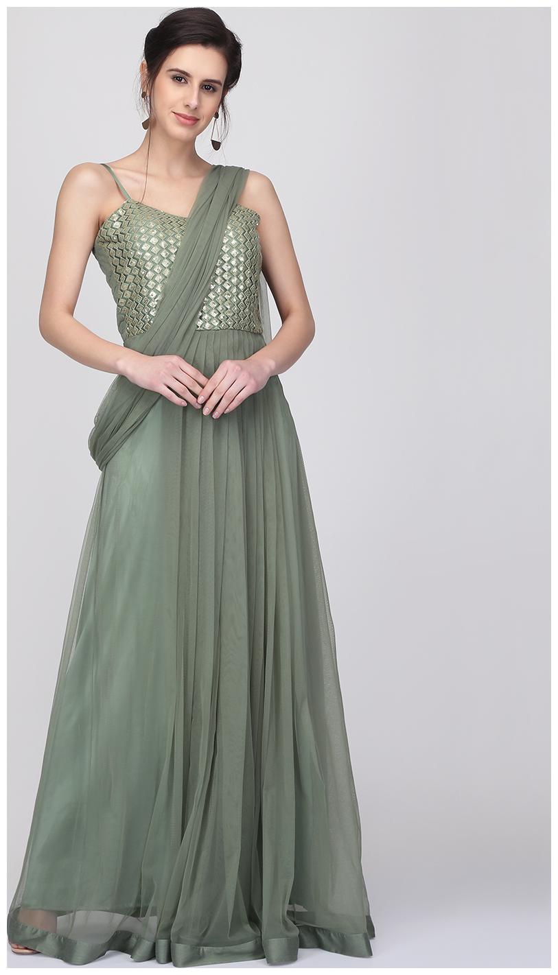 

Ojjasvi Pista Green Draped Saree Gown