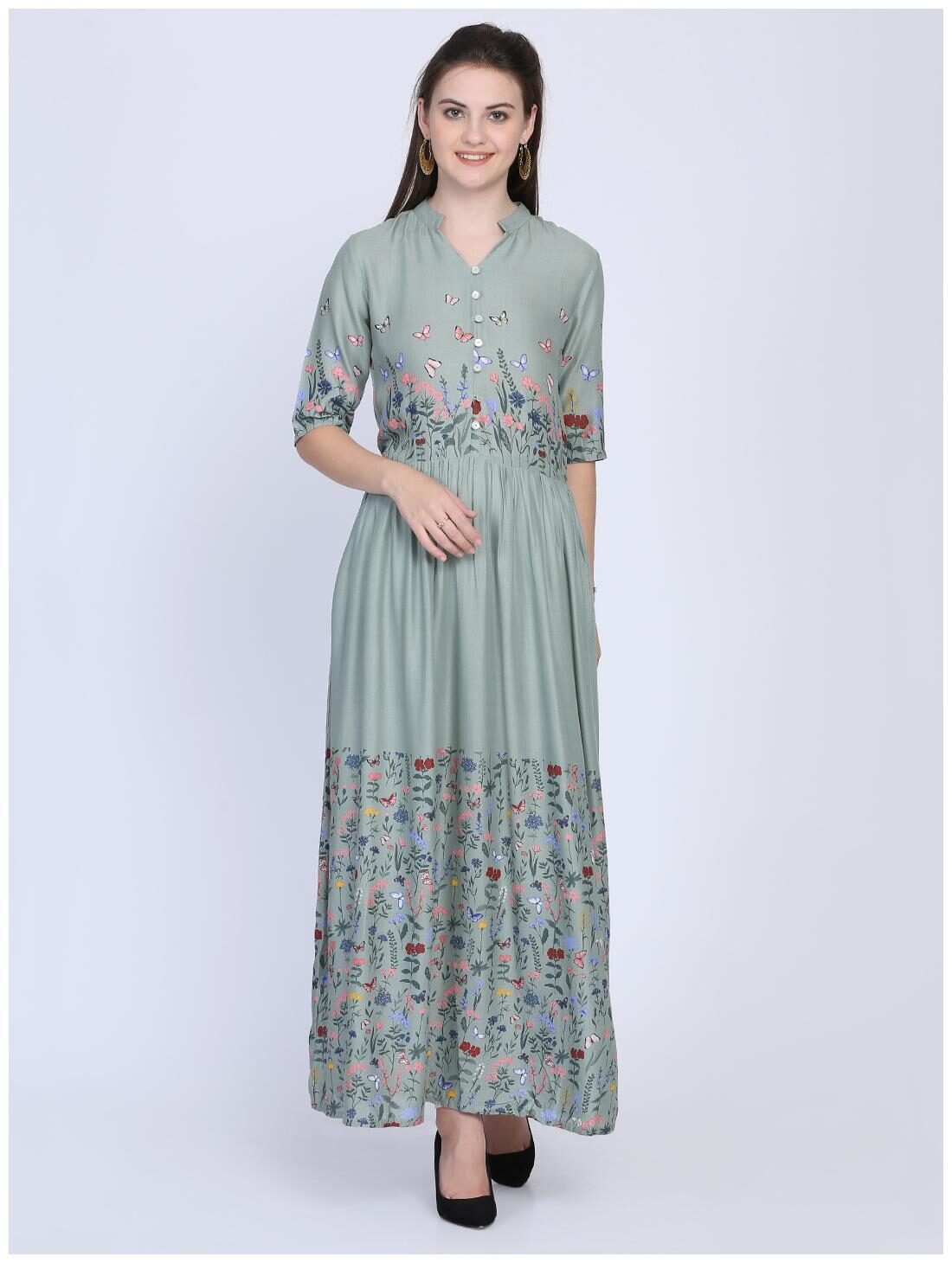 

Ojjasvi Green Printed Flared dress
