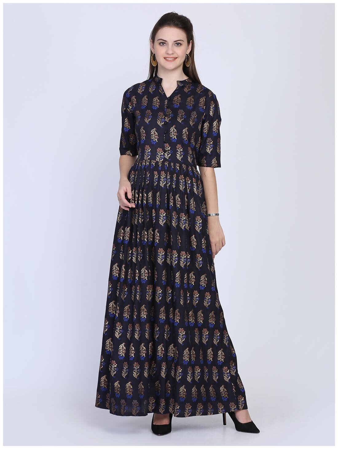 

Ojjasvi Blue Printed Flared dress