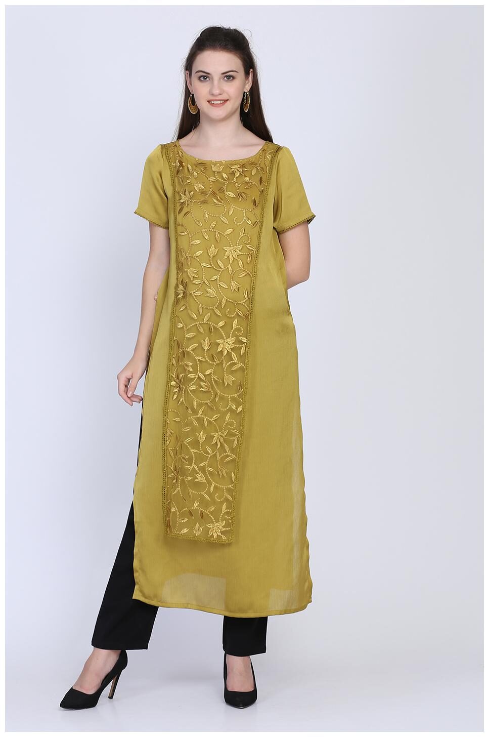 

Ojjasvi Women Mustard Solid Straight Kurta