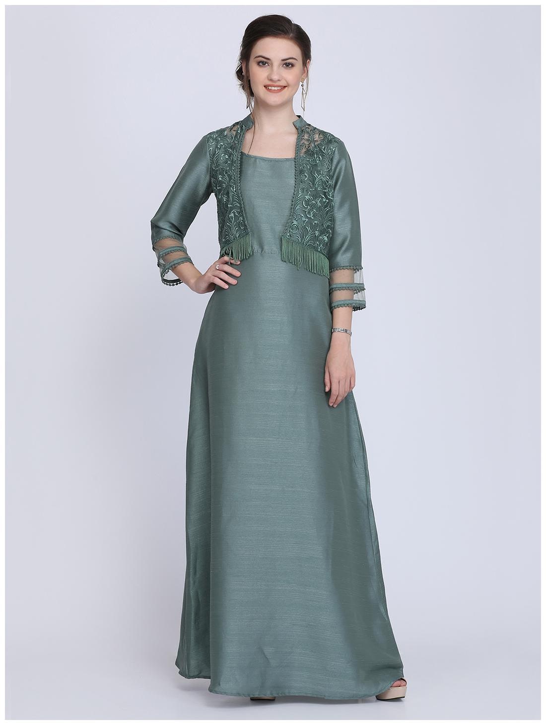 

Ojjasvi Green Embroidered A-line dress