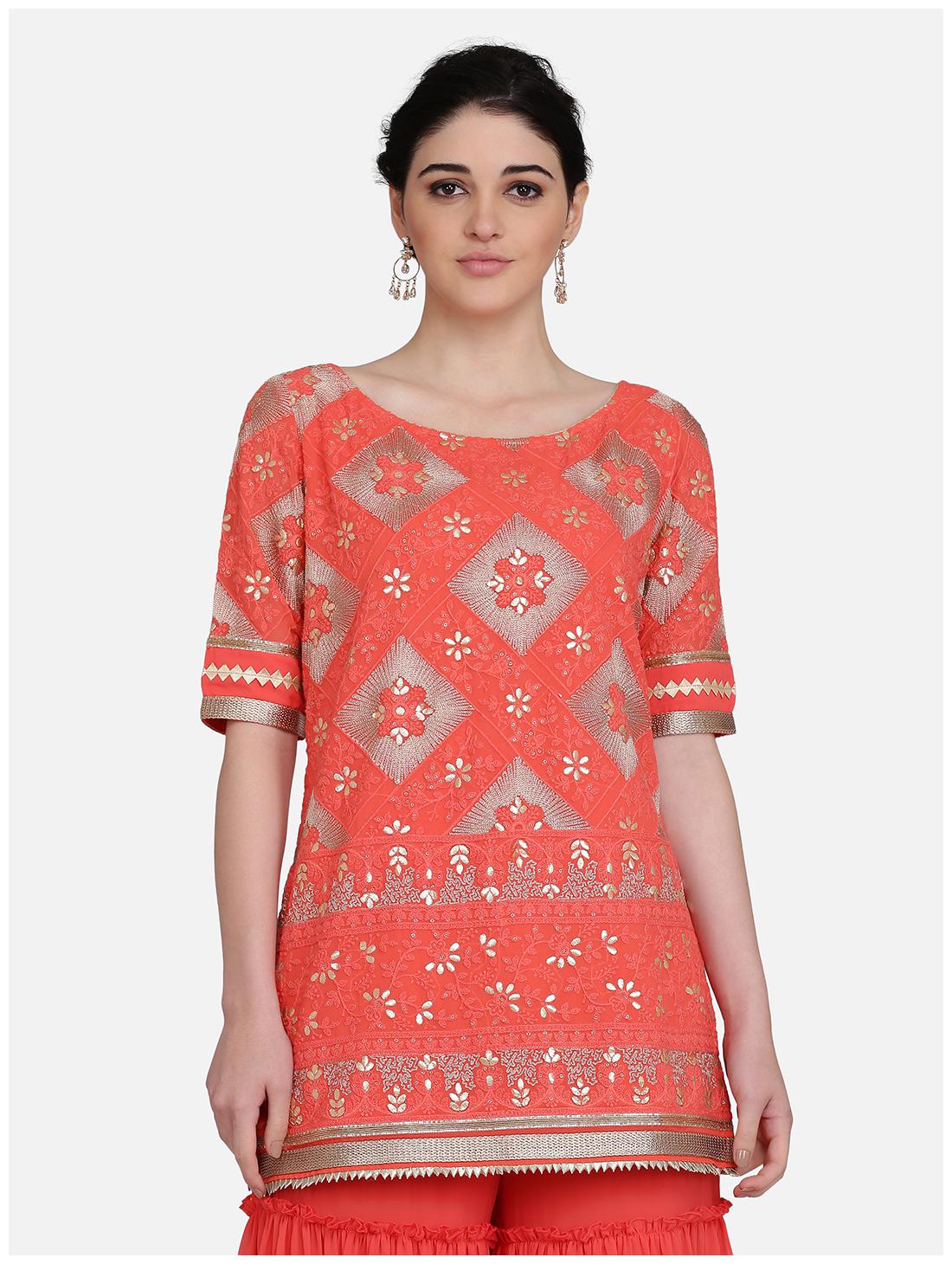

Ojjasvi Women Orange Embroidered Straight Kurta